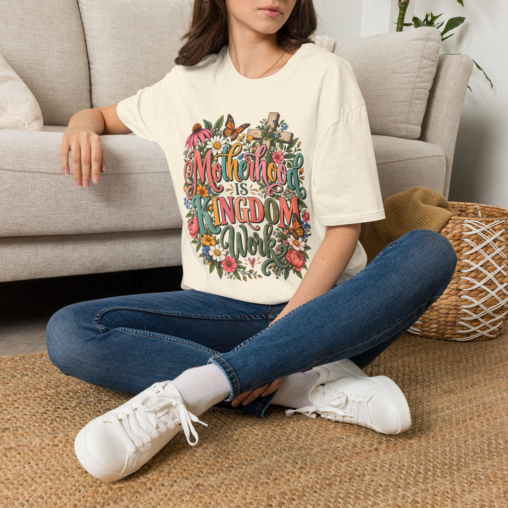 Motherhood Is Kingdom Work T-Shirt — Floral Butterfly Mom Tee