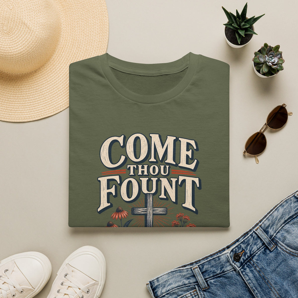 Come Thou Fount T-Shirt — Christian Worship Tee with Cross & Floral Design