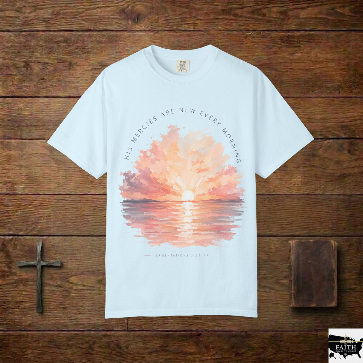 Sunset Reflection T-Shirt — "His Mercy Is New Every Morning" Christian Inspirational Tee