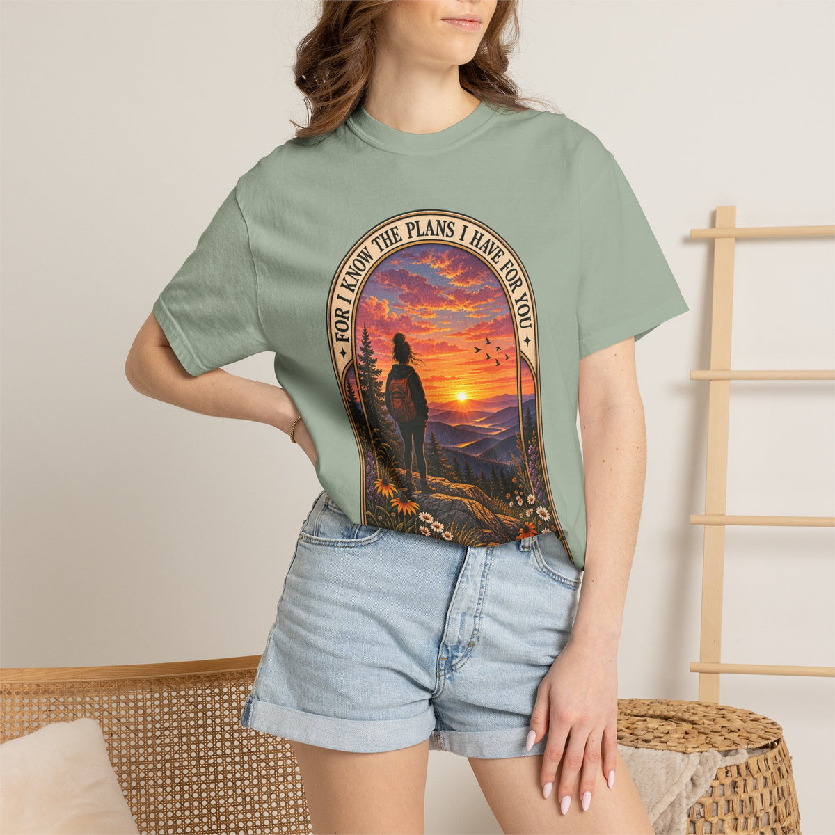 Sunset Hiker T‑Shirt — "For I Know the Plans I Have for You" Inspirational Graphic Tee