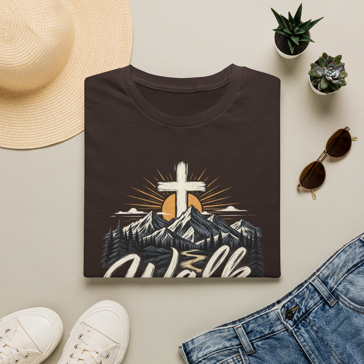 Faith T-Shirt — "Walk by Faith" Christian Cross Mountain Graphic Tee