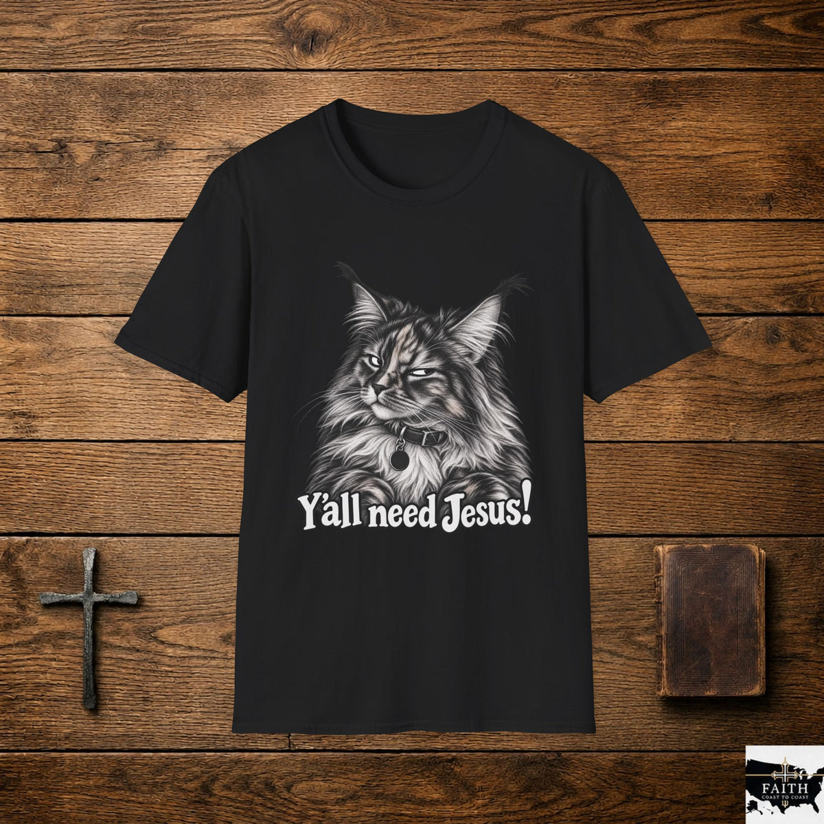 Maine Coon Cat Illustration Y'all Need Jesus T-Shirt | Cat Faith Tee