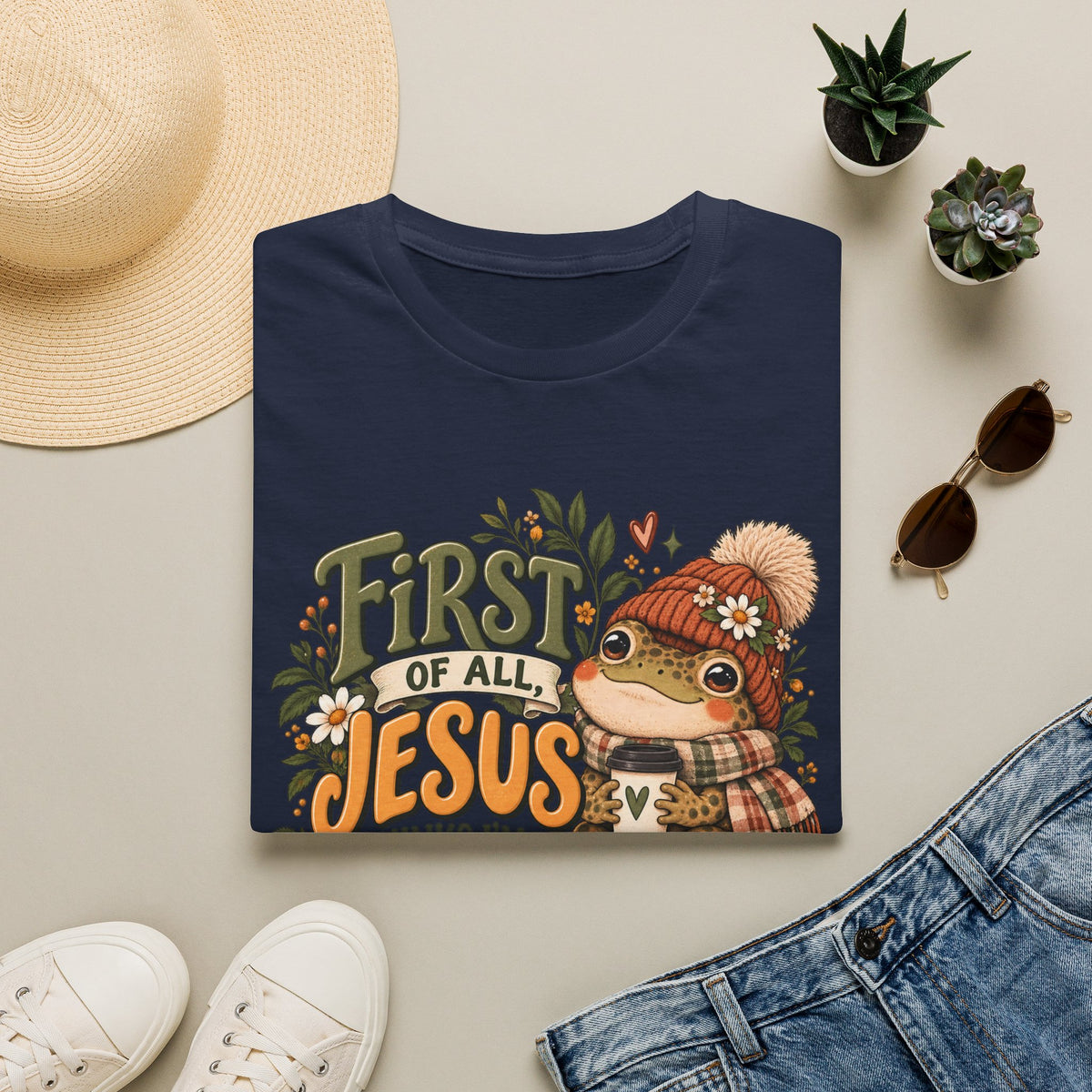 First of All Jesus Fall Frog T-Shirt — Cute Autumn Christian Tee