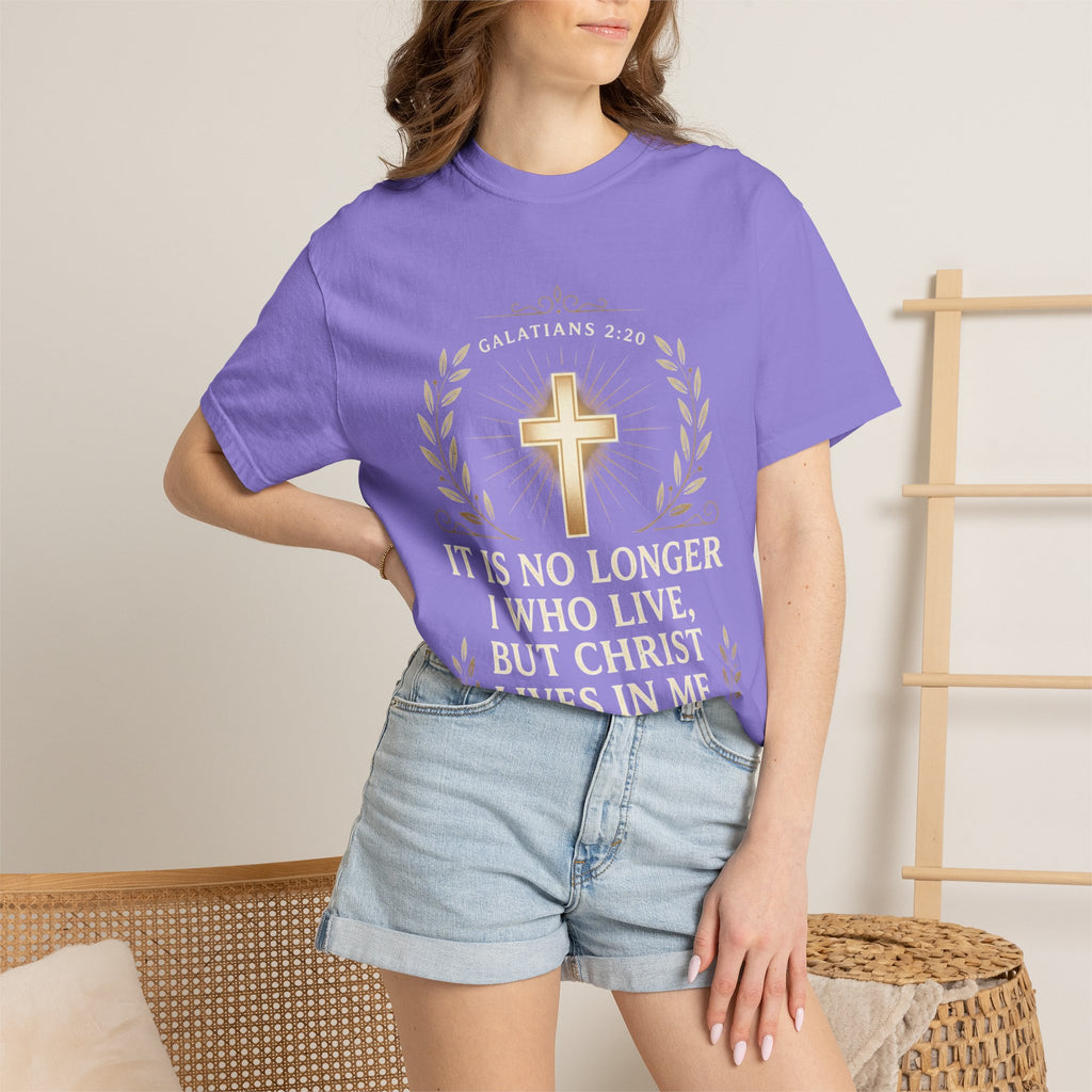 Christian Faith T-Shirt — "It Is No Longer I Who Live, But Christ Lives in Me" (Galatians 2:20)