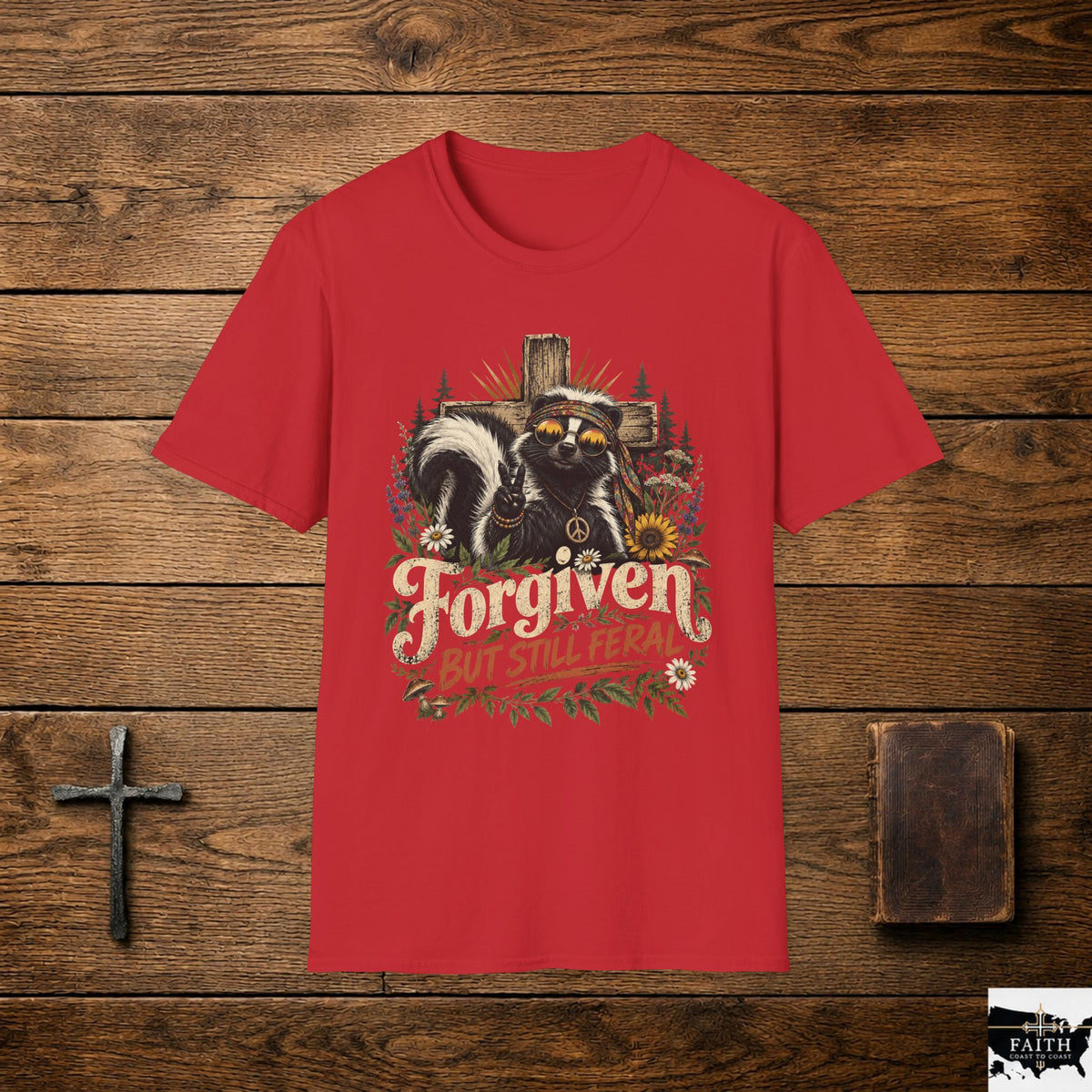 Forgiven But Still Feral Skunk T-Shirt — Retro Hippie Peace Graphic