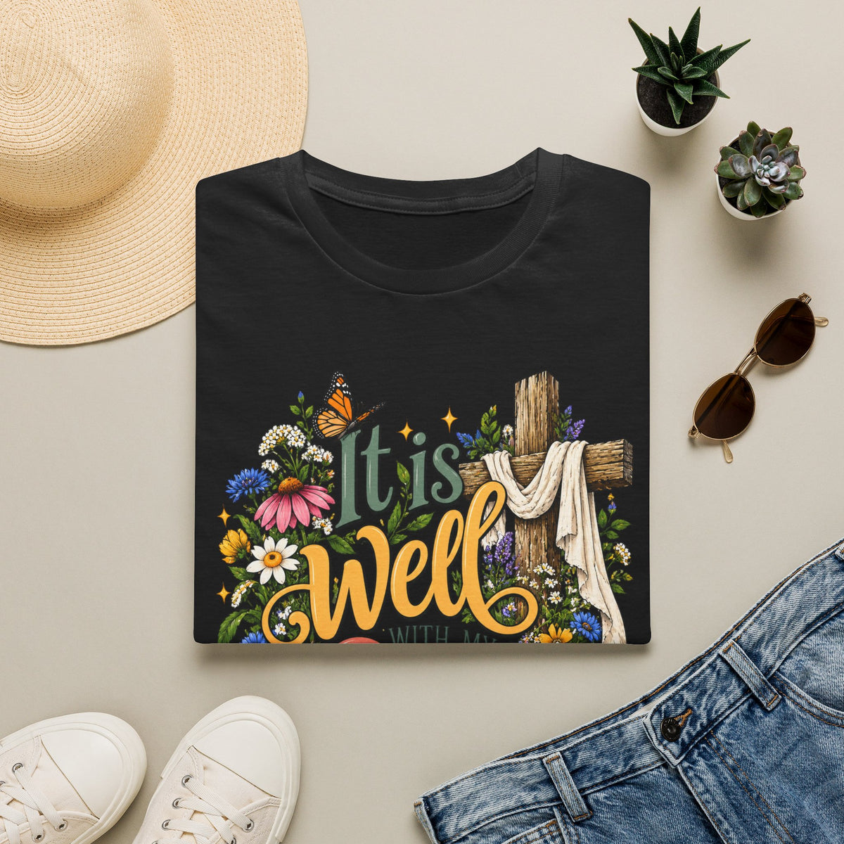 It Is Well Floral Cross T‑Shirt