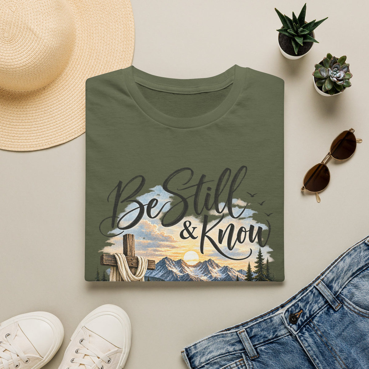 Be Still & Know T-Shirt — Christian Faith Scenic Cross Tee