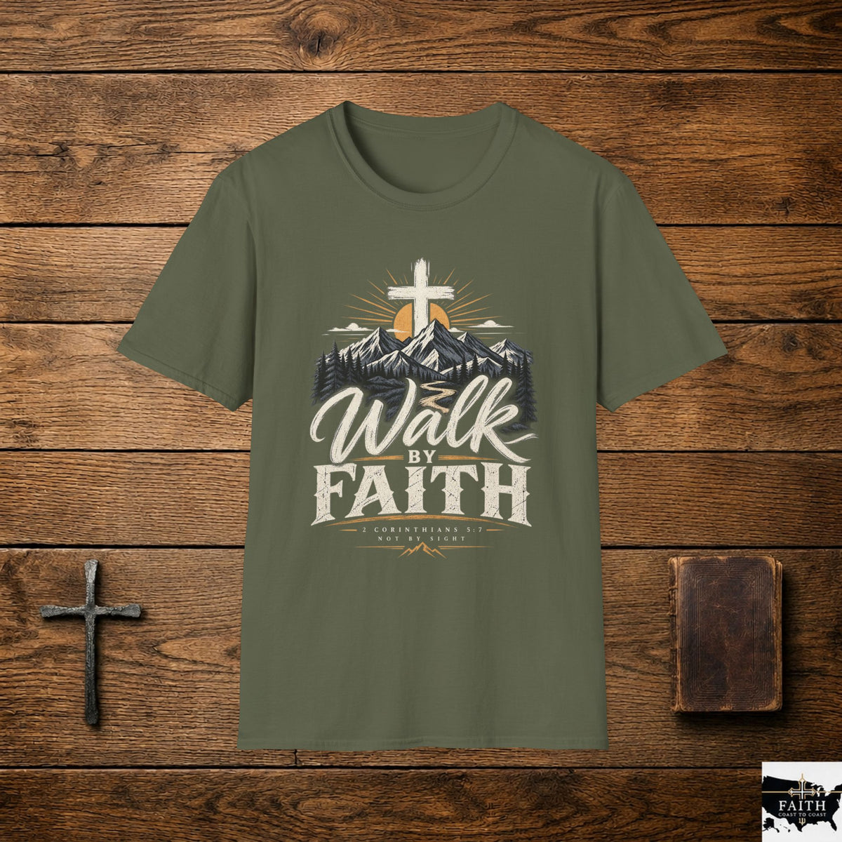 Faith T-Shirt — "Walk by Faith" Christian Cross Mountain Graphic Tee