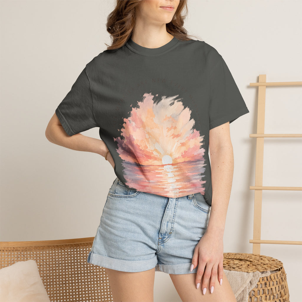 Sunset Reflection T-Shirt — "His Mercy Is New Every Morning" Christian Inspirational Tee
