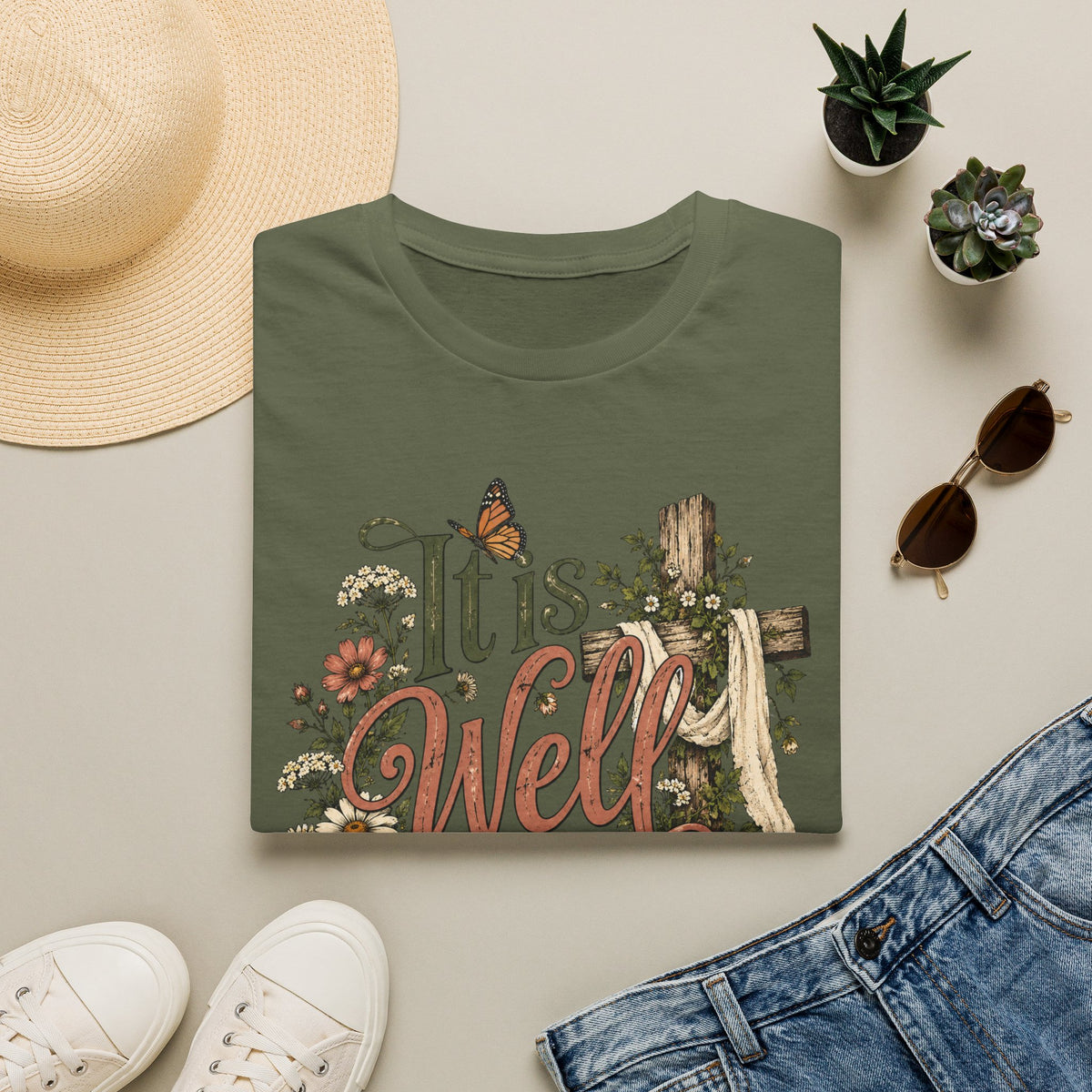 It Is Well T-Shirt — Floral Cross Christian Faith Tee