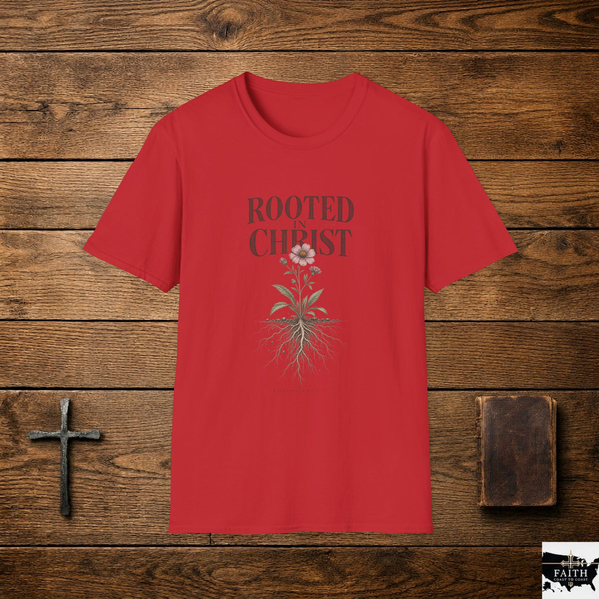 Rooted in Christ floral cross design T-Shirt | Christian faith tee