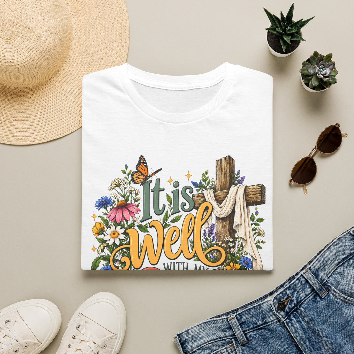 It Is Well Floral Cross T‑Shirt