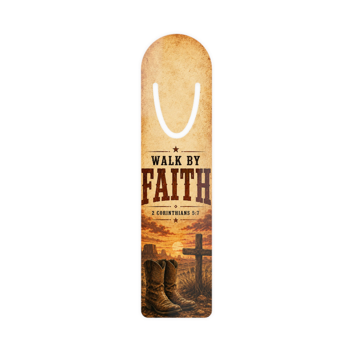 Walk By Faith Bookmark | Christian Scripture 2 Corinthians 5:7, Cross & Boots