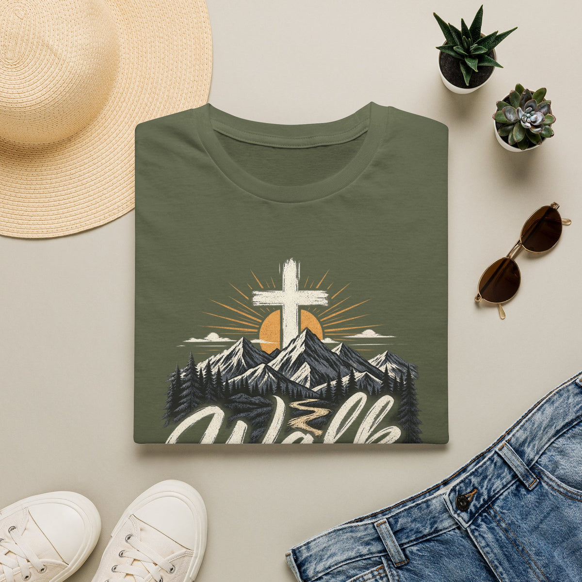 Faith T-Shirt — "Walk by Faith" Christian Cross Mountain Graphic Tee
