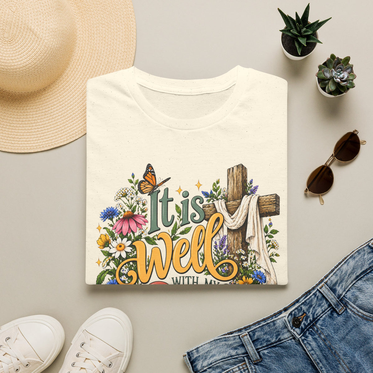 It Is Well Floral Cross T‑Shirt