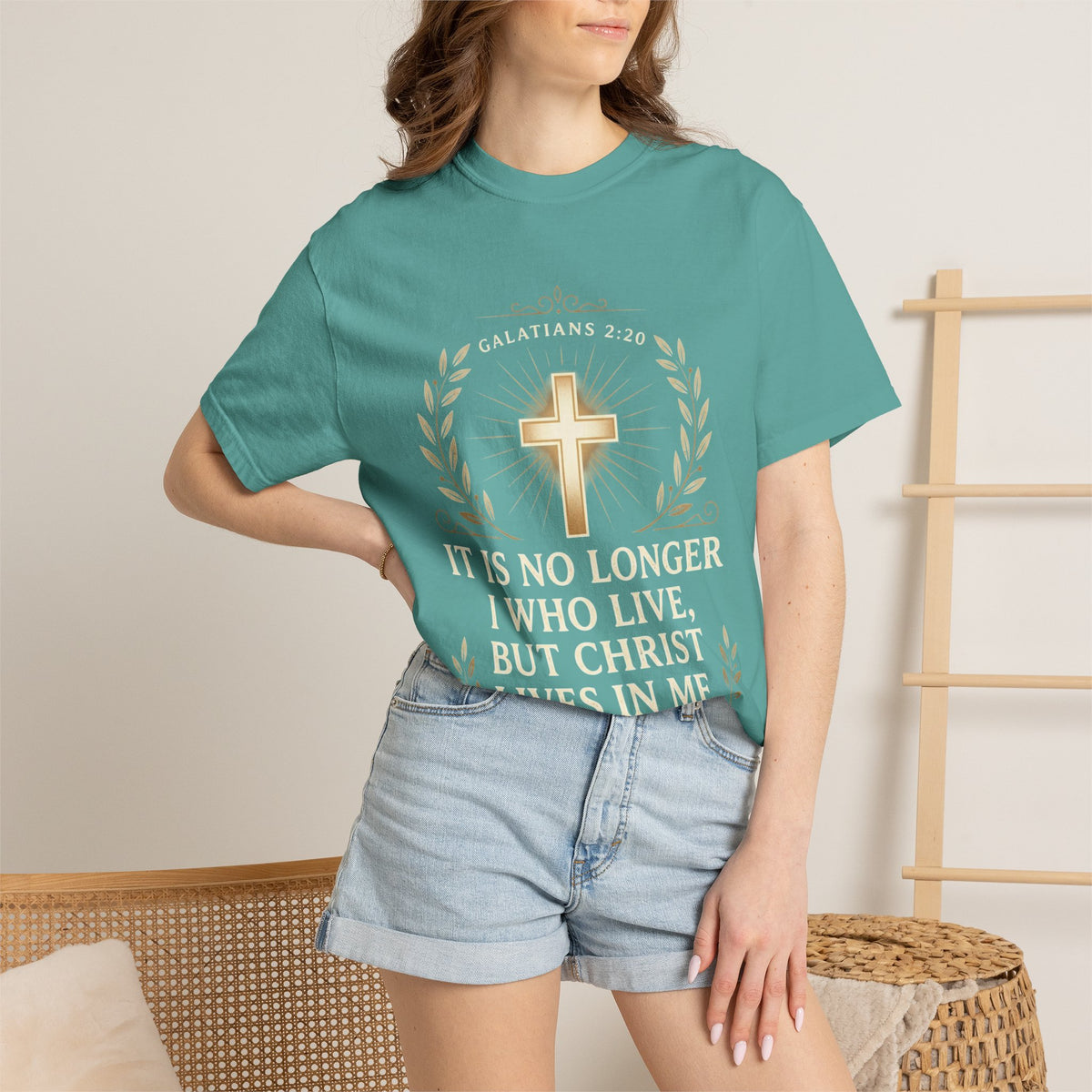 Christian Faith T-Shirt — "It Is No Longer I Who Live, But Christ Lives in Me" (Galatians 2:20)