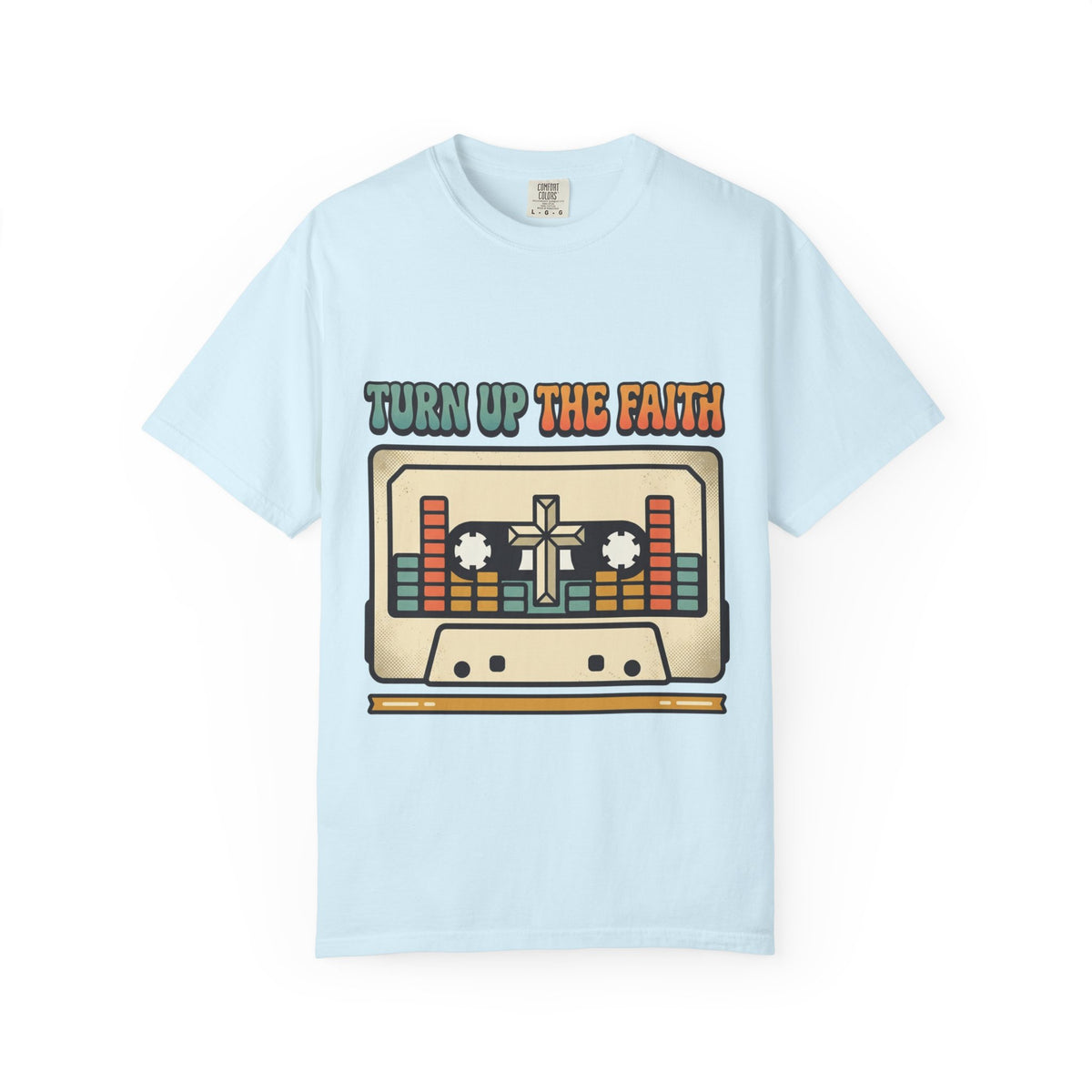 Turn Up The Faith cassette tape T-shirt | Christian retro music design