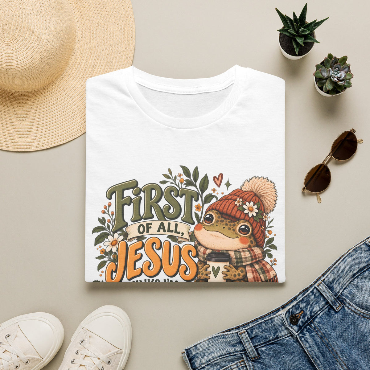 First of All Jesus Fall Frog T-Shirt — Cute Autumn Christian Tee
