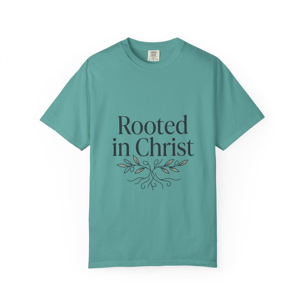 Rooted in Christ T-shirt | Christian Faith Typography with Leaf Roots