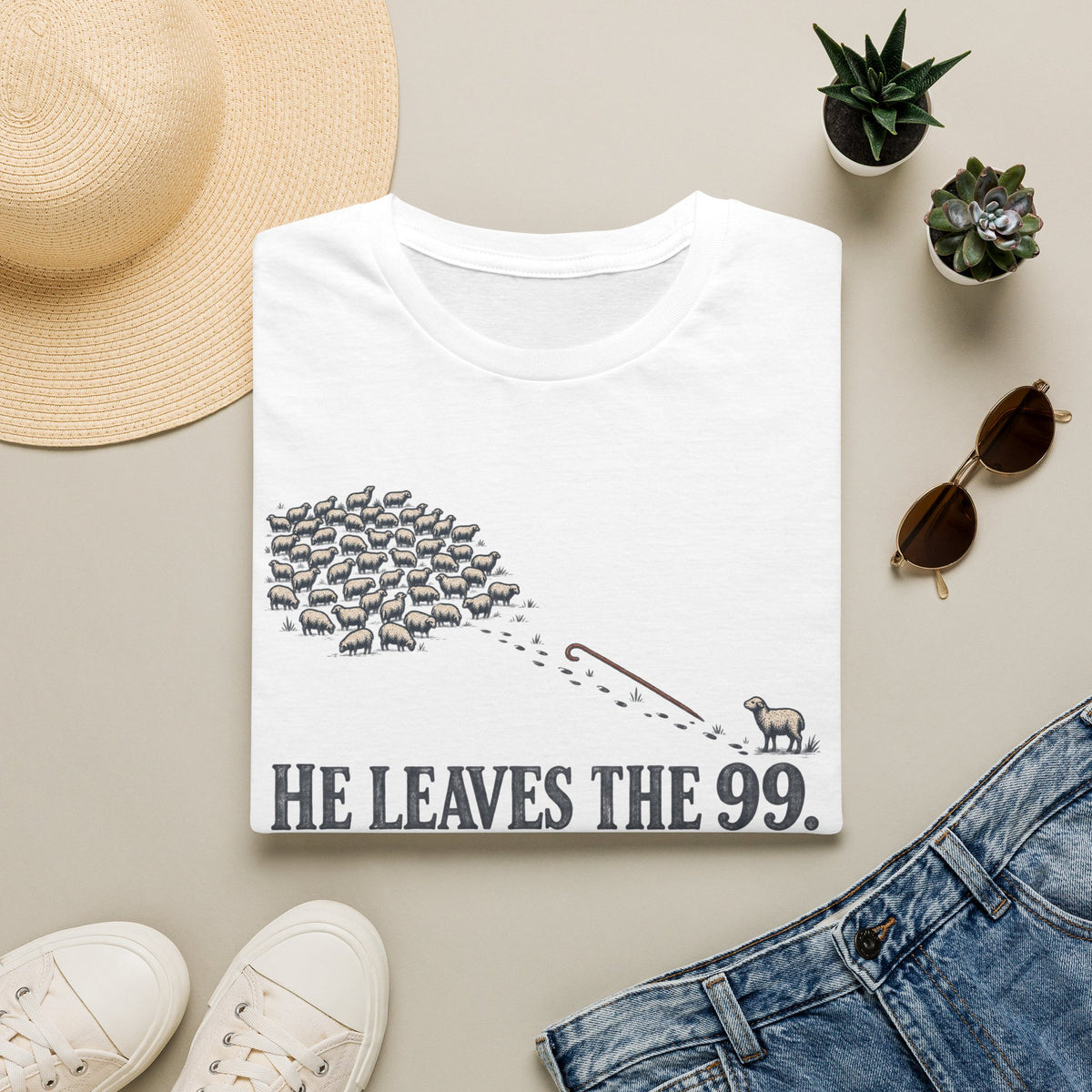 He Leaves the 99 T-Shirt — Christian Shepherd & Lost Sheep Faith Tee
