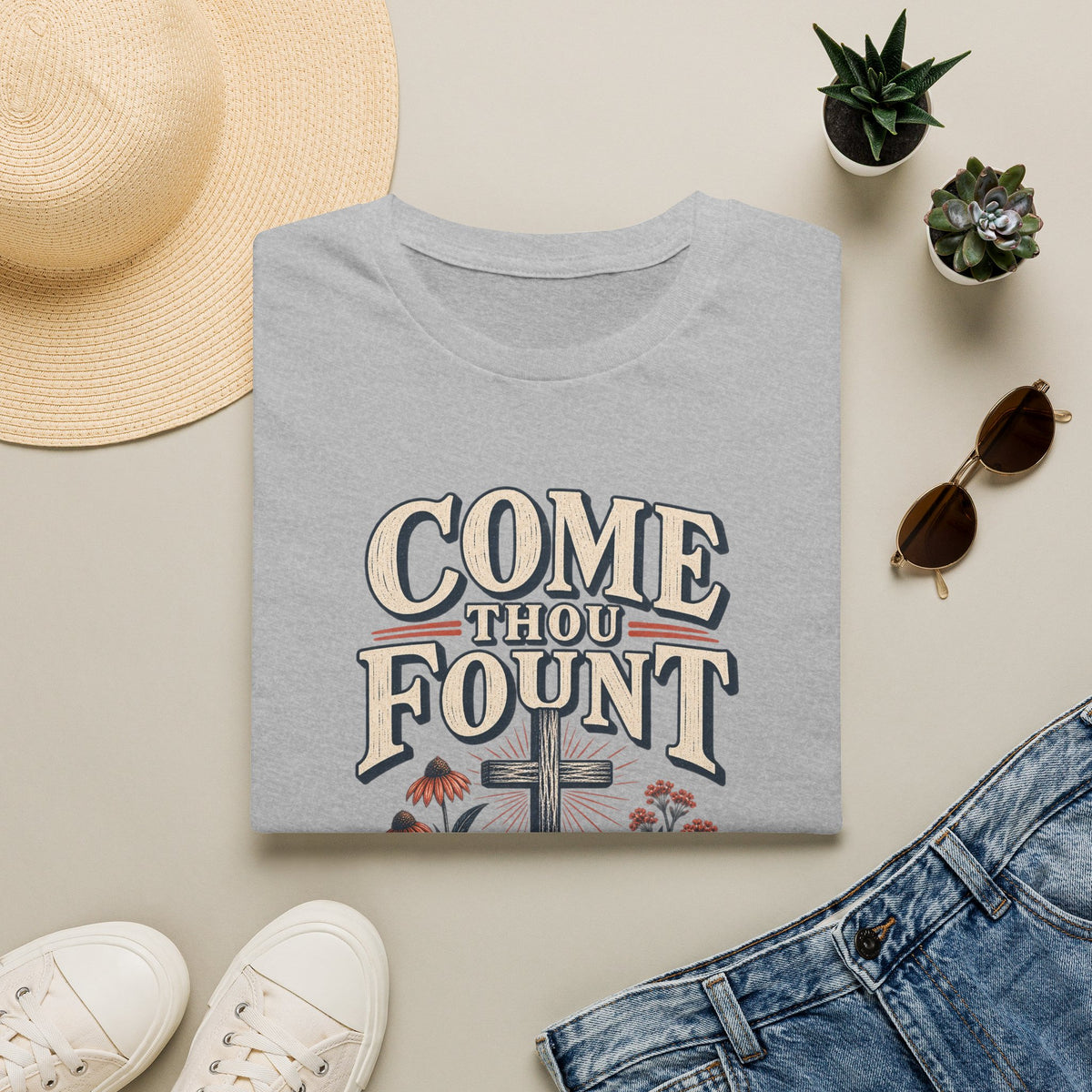 Come Thou Fount T-Shirt — Christian Worship Tee with Cross & Floral Design