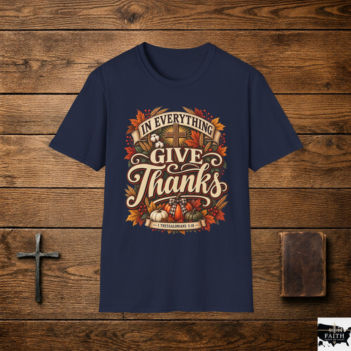 Give Thanks design T-Shirt | Fall Thanksgiving pumpkin cross harvest