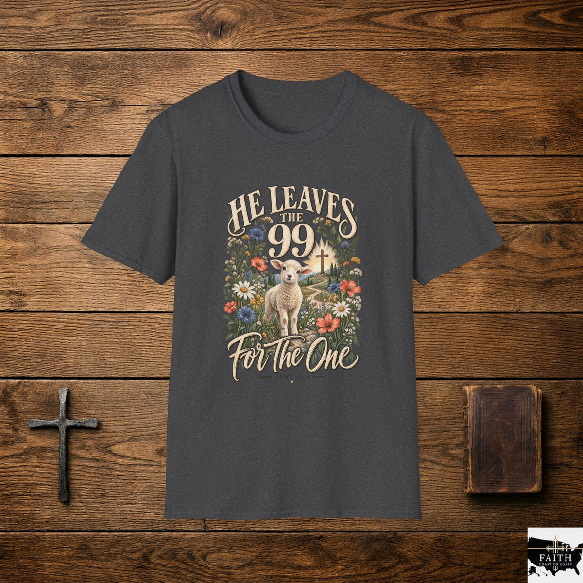 He Leaves the 99 Lamb T-Shirt | Christian Faith Cross, Floral Shepherd Design