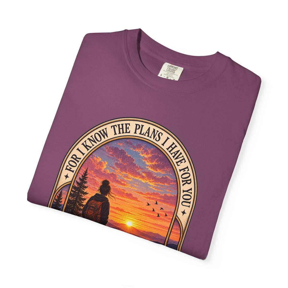 Sunset Hiker T‑Shirt — "For I Know the Plans I Have for You" Inspirational Graphic Tee