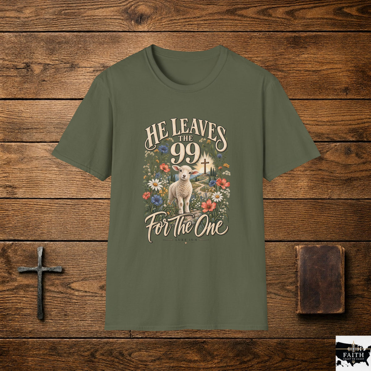 He Leaves the 99 Lamb T-Shirt | Christian Faith Cross, Floral Shepherd Design
