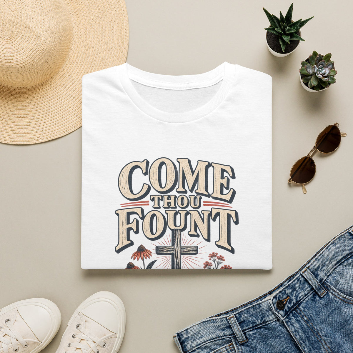 Come Thou Fount T-Shirt — Christian Worship Tee with Cross & Floral Design