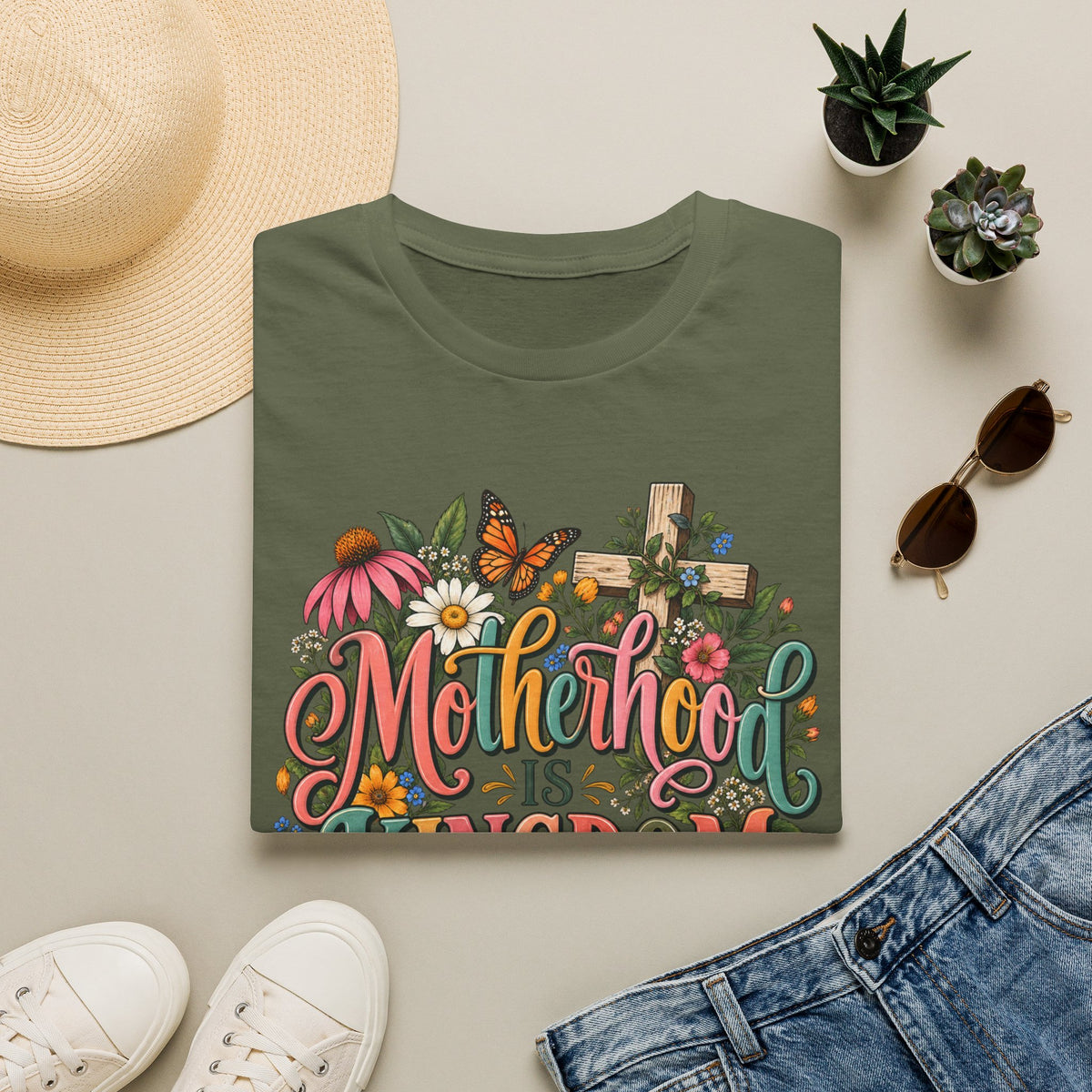 Motherhood Is Kingdom Work T-Shirt — Floral Butterfly Mom Tee