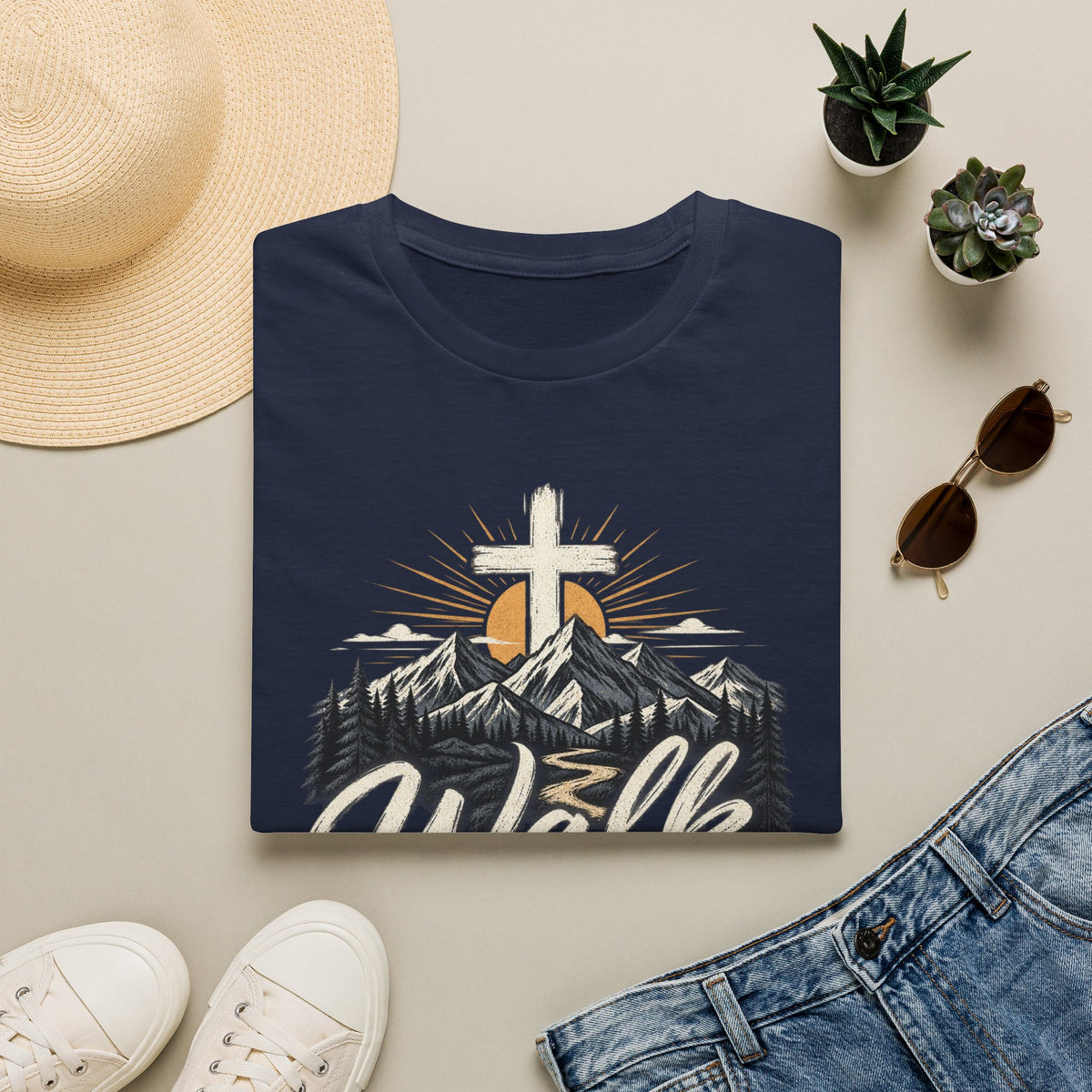 Faith T-Shirt — "Walk by Faith" Christian Cross Mountain Graphic Tee
