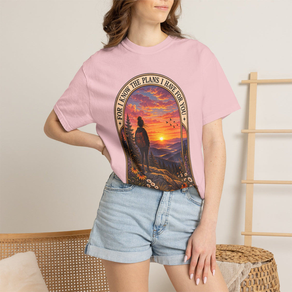 Sunset Hiker T‑Shirt — "For I Know the Plans I Have for You" Inspirational Graphic Tee