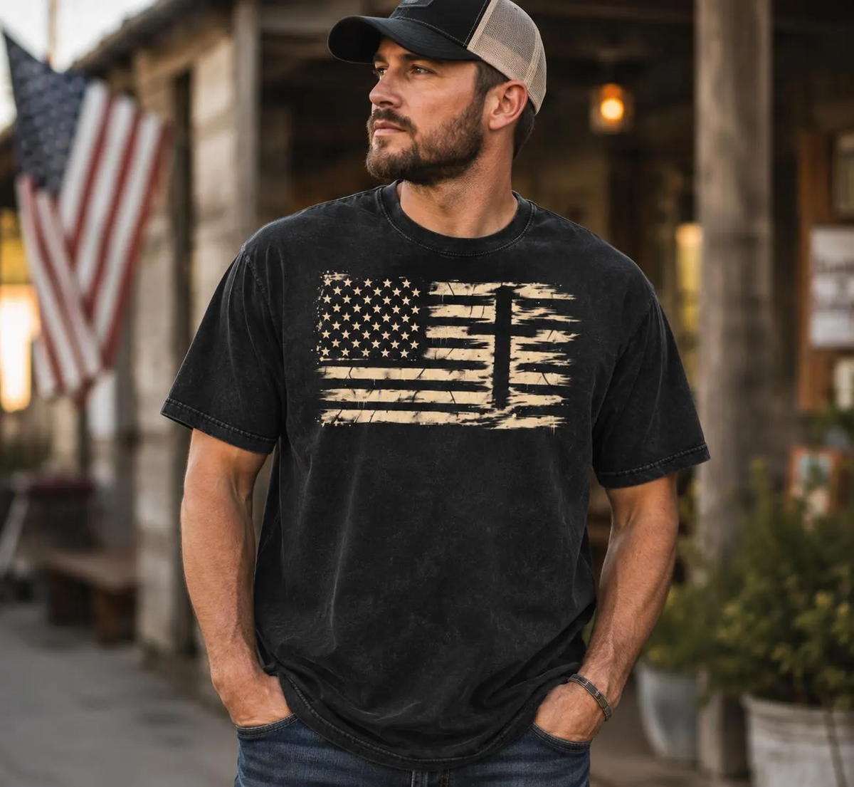 Distressed American Flag Cross Shirt